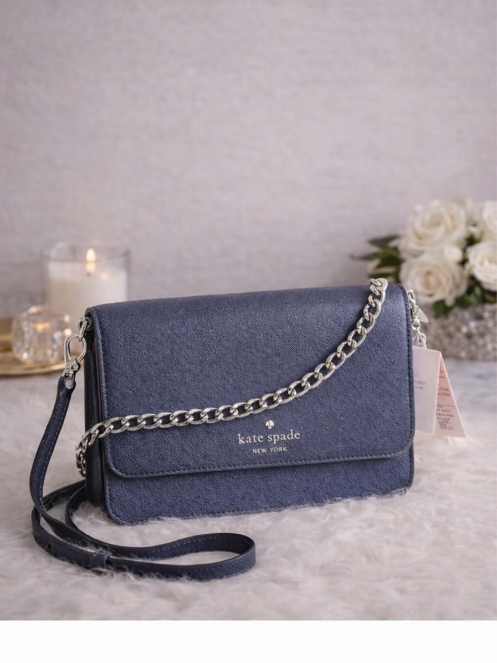 Kate Spade Madison Saffiano Leather Crossbody Navy Silver Chain NWT $349 Retail